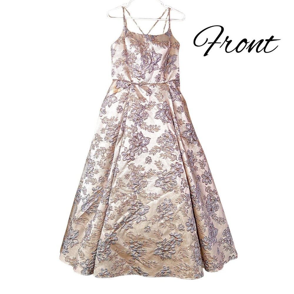 Blondie Nites Junior 11 Metallic Gold Blue Floral Fairycore Ball Gown Prom Dress - Picture 4 of 16